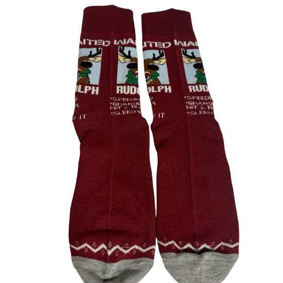 Xmas Socks Rudolph WANTED FOR RUNNING OVER G’MA NWOT - Picture 3 of 10